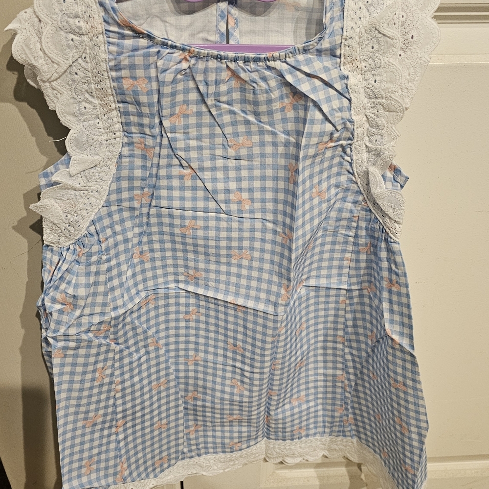 Blue Gingham Sleeveless Top with Lace Trim By Little Bitty